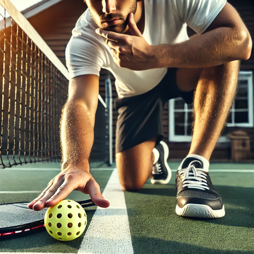 A pickleball player making an honest call on whether a ball is in or out, with the ball near the boundary line on a well-lit outdoor court, symbolizing fairness and integrity in the game.