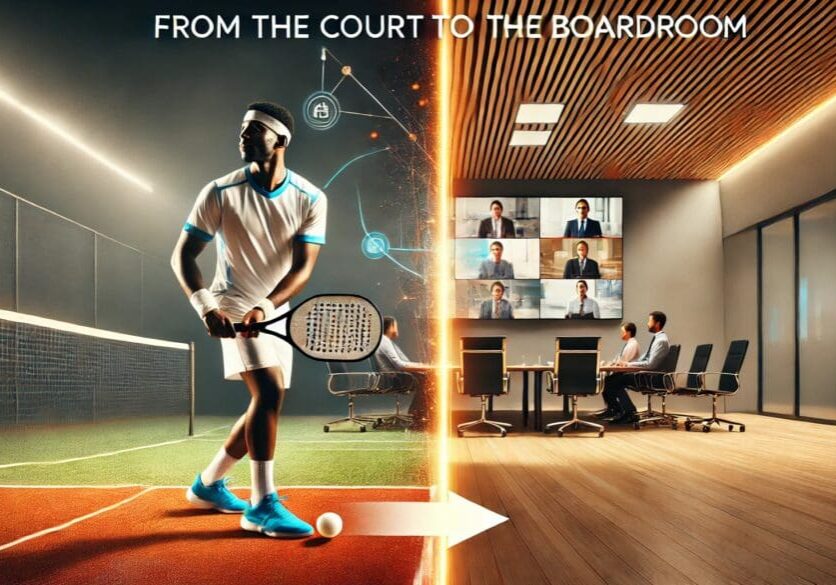 An image showing an African American pickleball player holding a paddle in a confident stance on a pickleball court, blending into a virtual team meeting in the background, symbolizing the connection between pickleball strategies and leadership skills.