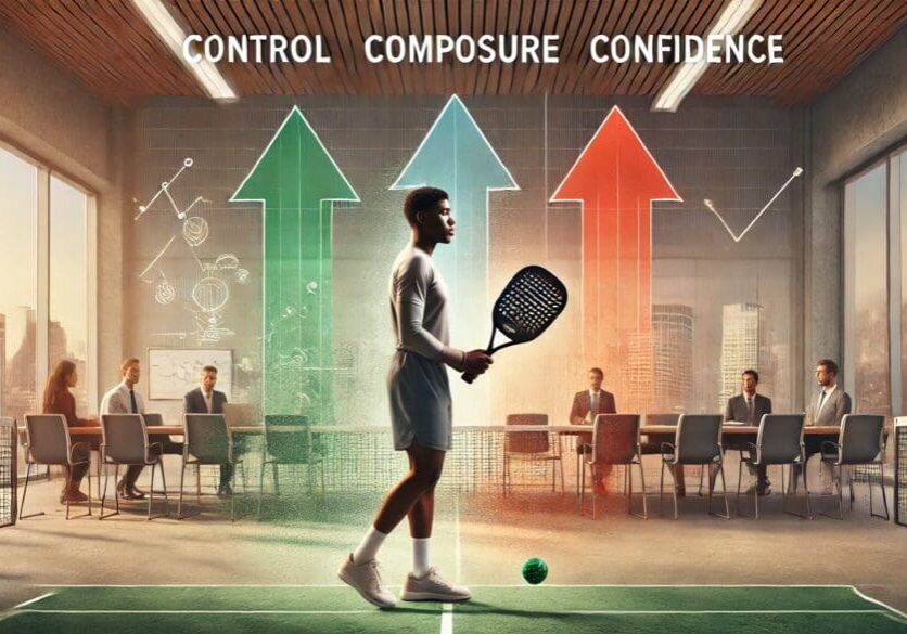 A motivational scene connecting pickleball and leadership fundamentals, featuring an African American pickleball player in a confident ready stance on a court transitioning into a conference room, with text overlays: ‘Control, Composure, Confidence.