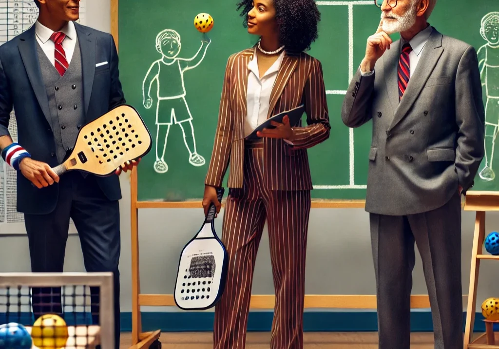 A pickleball player in athletic gear stands in front of a chalkboard, teaching two politicians seated at desks. One politician is an African American woman in professional attire, taking notes, while the other is an older man with gray hair, dressed formally, looking curious. The classroom has pickleball equipment like paddles and balls scattered around.