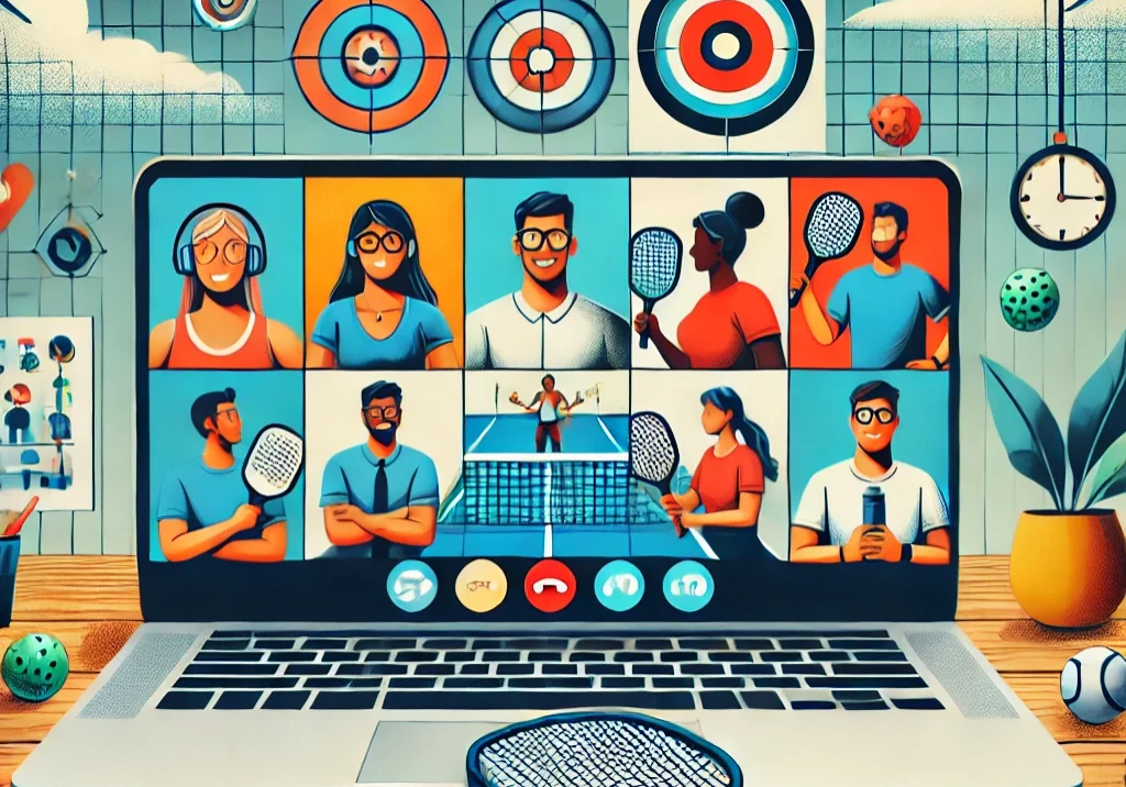 Illustration of a remote team video call with diverse team members, featuring pickleball elements like a court, paddles, and a goal symbol, representing teamwork, resilience, and adaptability in a virtual setting.