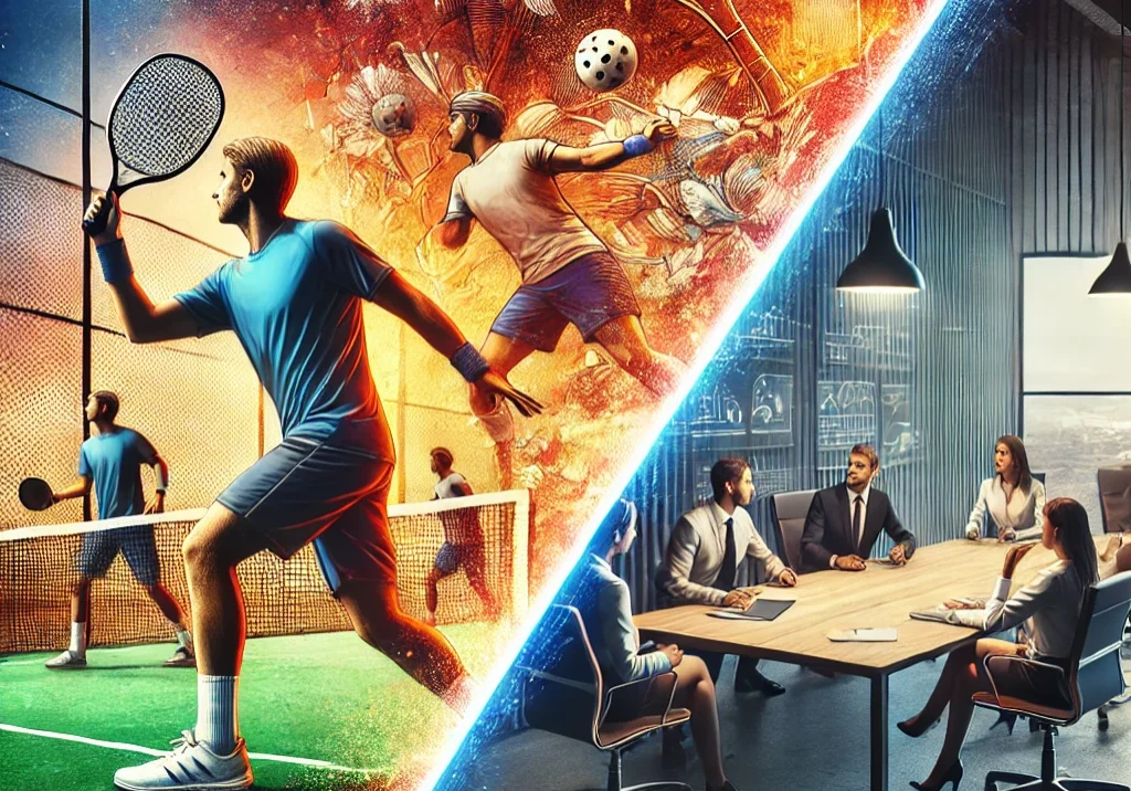 An image blending a pickleball court scene with players in action and an office setting where a leader guides a team, symbolizing the connection between sports and leadership through teamwork, communication, and adaptability.