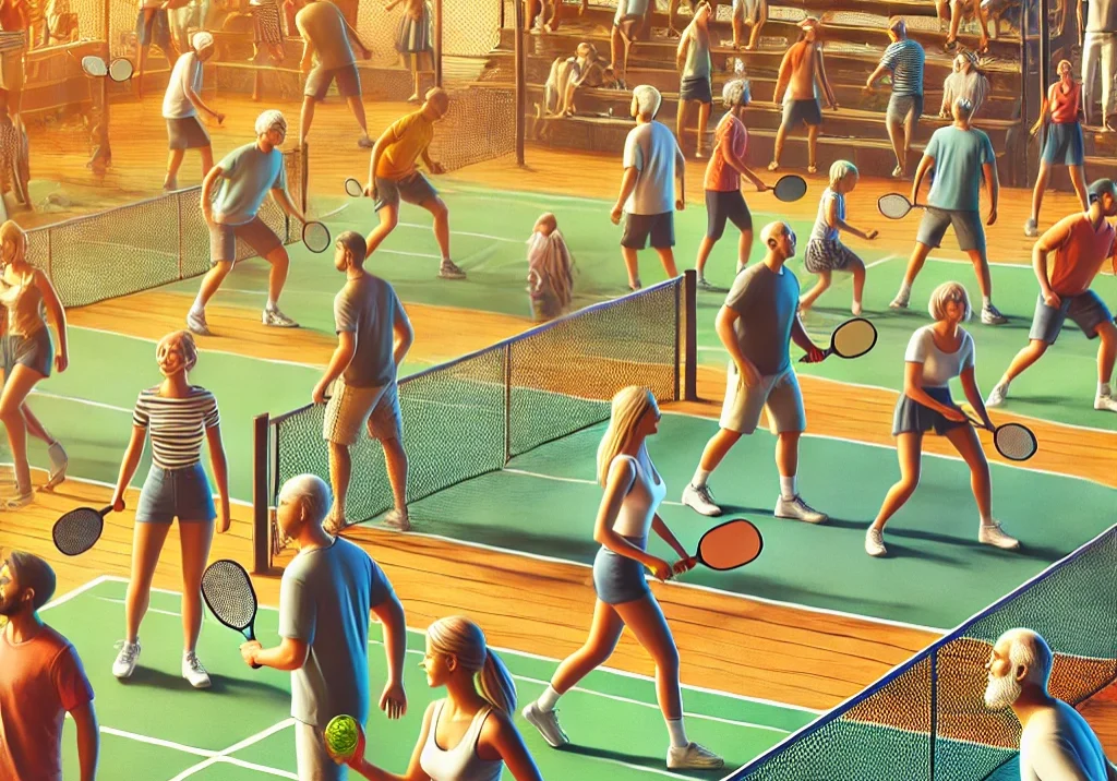 A diverse group of pickleball players of different ages and backgrounds shaking hands after a game on the court, showcasing sportsmanship and connection.