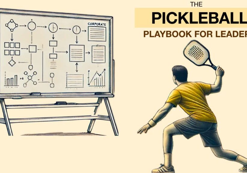 Illustration showing a pickleball player preparing to hit a shot, with a corporate whiteboard on the left displaying strategy and flowchart symbols. Title text reads ‘The Pickleball Playbook for Leaders.