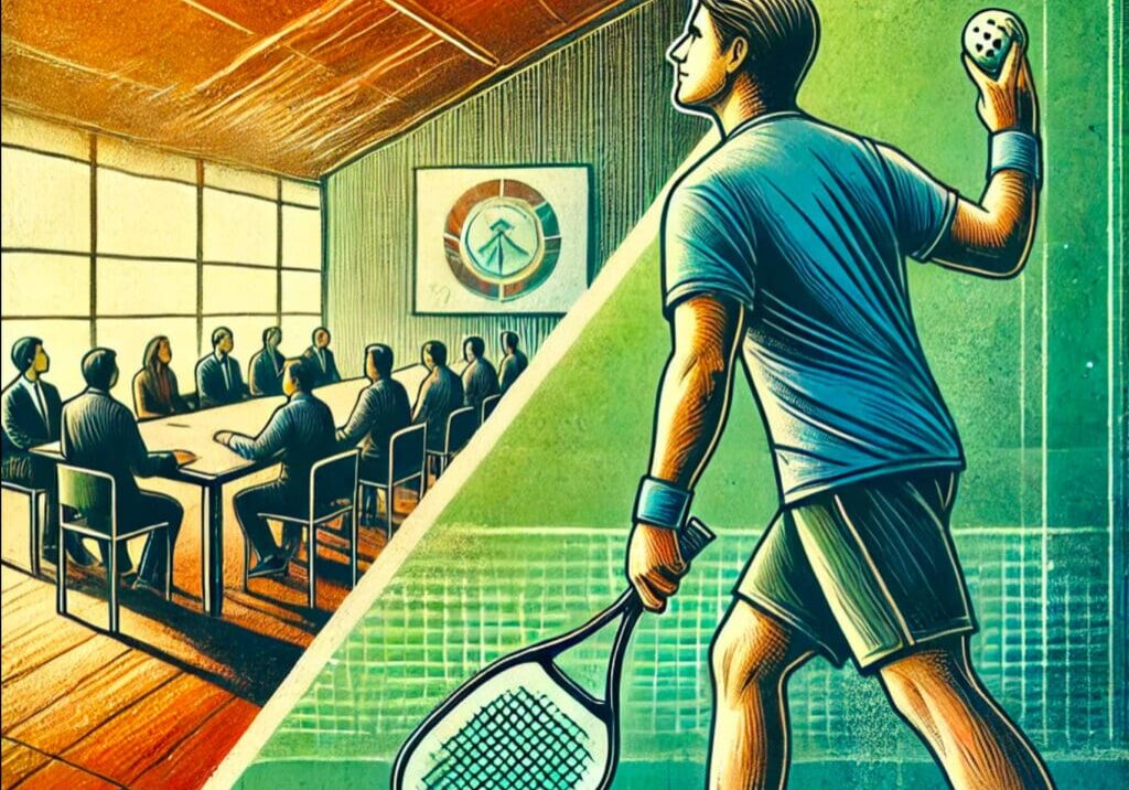 An inspiring illustration of a pickleball court with a player in mid-serve, confidently holding a pickleball paddle. The image highlights focus, strategy, and purpose, with vibrant shades of green and blue representing the court. A subtle overlay of a leadership meeting, featuring a group around a table, connects the serve to leadership concepts like setting the tone and starting with intention