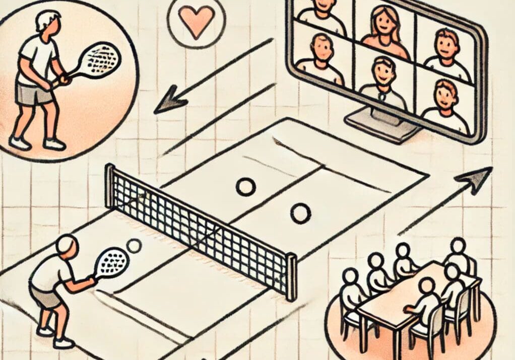 A minimalist sketch-style illustration showing a pickleball court on one side and a virtual meeting screen on the other, connected by arrows to symbolize teamwork and communication. The pickleball court features two human-like stick figures collaborating to serve, while the virtual meeting screen shows stick figures working together in a video call.